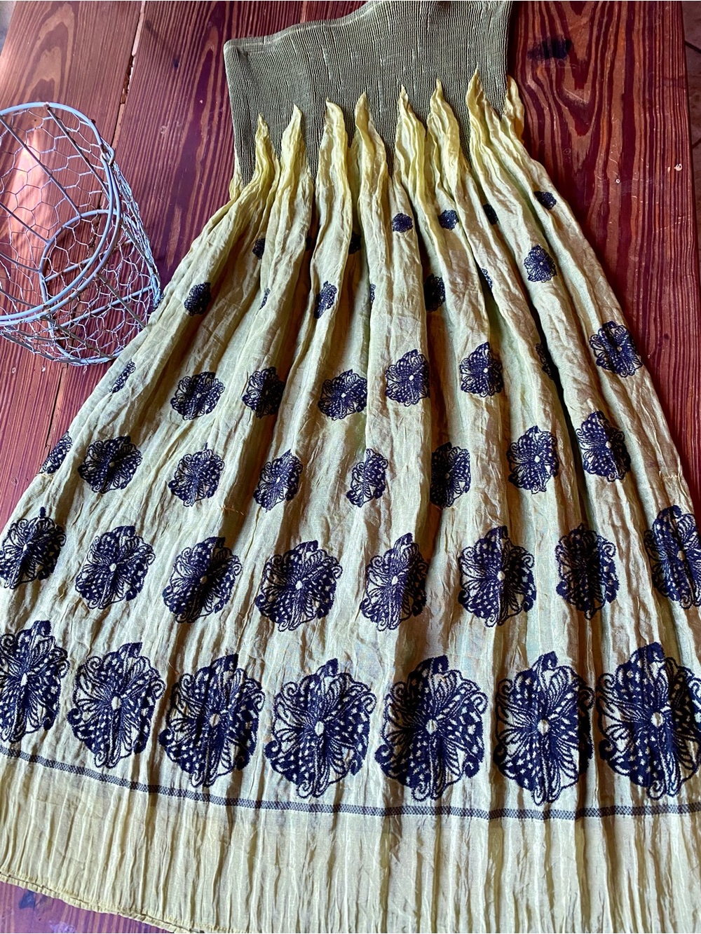 Boho Pleated Olive Green Dress with Black Embroidered Motifs